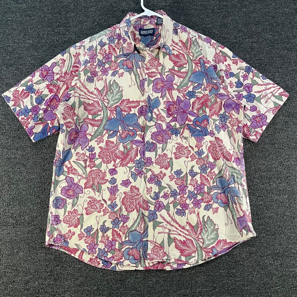 Lands End Floral Shirt Mens Large Cream Purple Vintage 90s Cotton Good Tropical